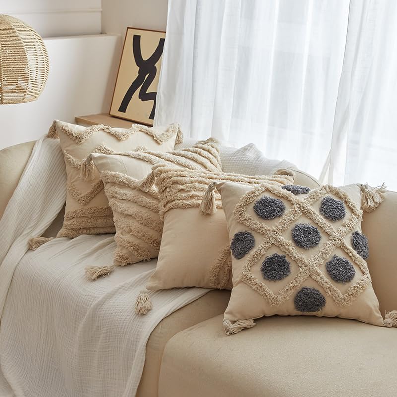 1/2 szt. beżowe pikowane boho poszewki na poduszki 45 x 45 cm frędzle kwadratowe lniane poszewki na poduszki vintage rustykalna poszewka na poduszkę na sofę wewnątrz