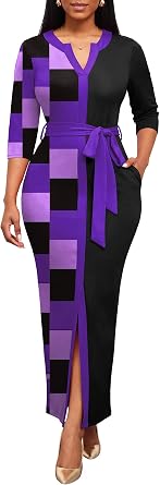 Nmoder Maxi Dress for Women Long Church Cocktail Casual Dresses Colorblock Front Split 3/4 Sleeve V Neck Pencil Dress