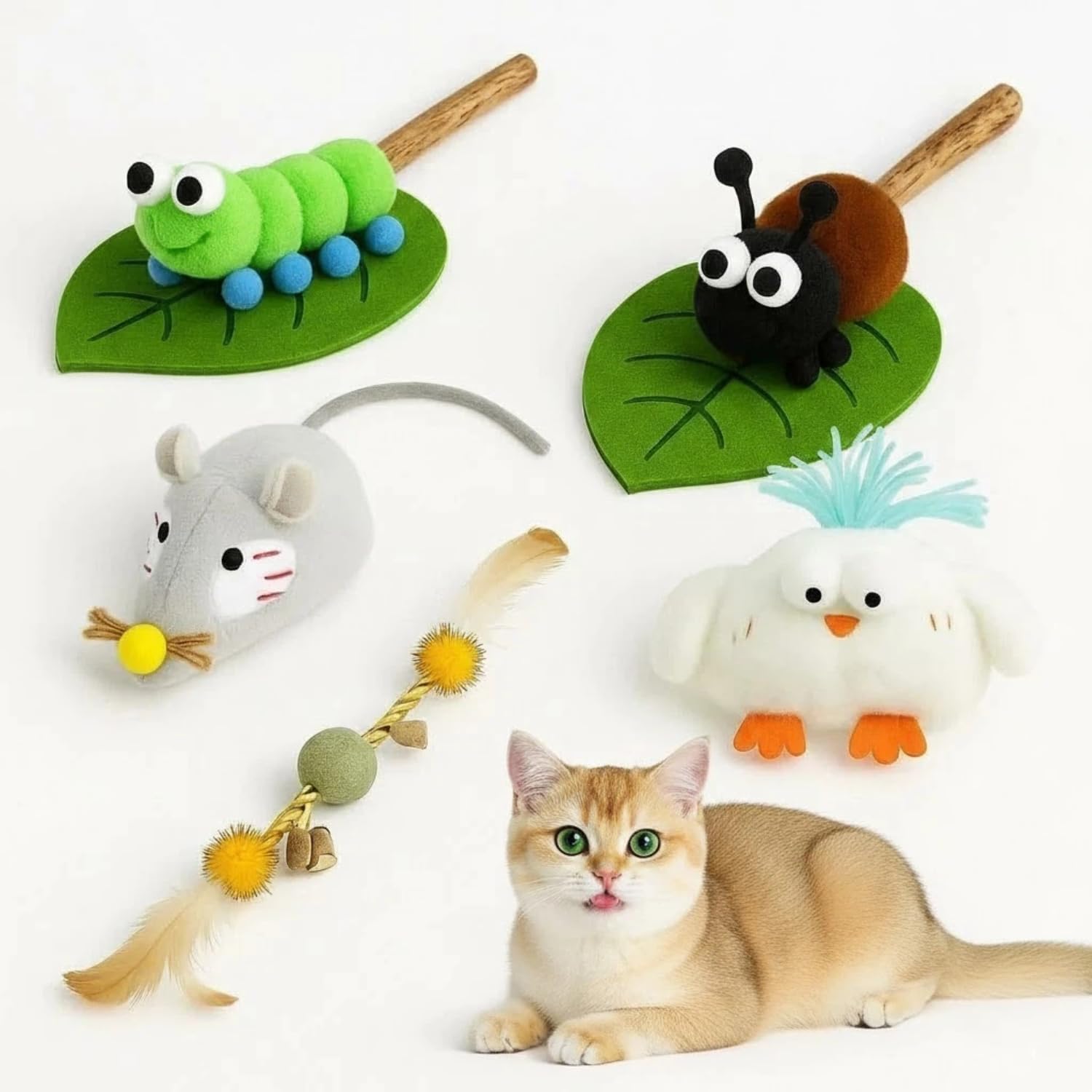 Catnip Toys for Cats, 5 Pcs Interactive Set with Silvervine Insect Sticks, Plush Mouse & Bird with Bells, Feather Rope Toy, Natural Dental Chew Toys for Kitten Teething & Hairball Relief