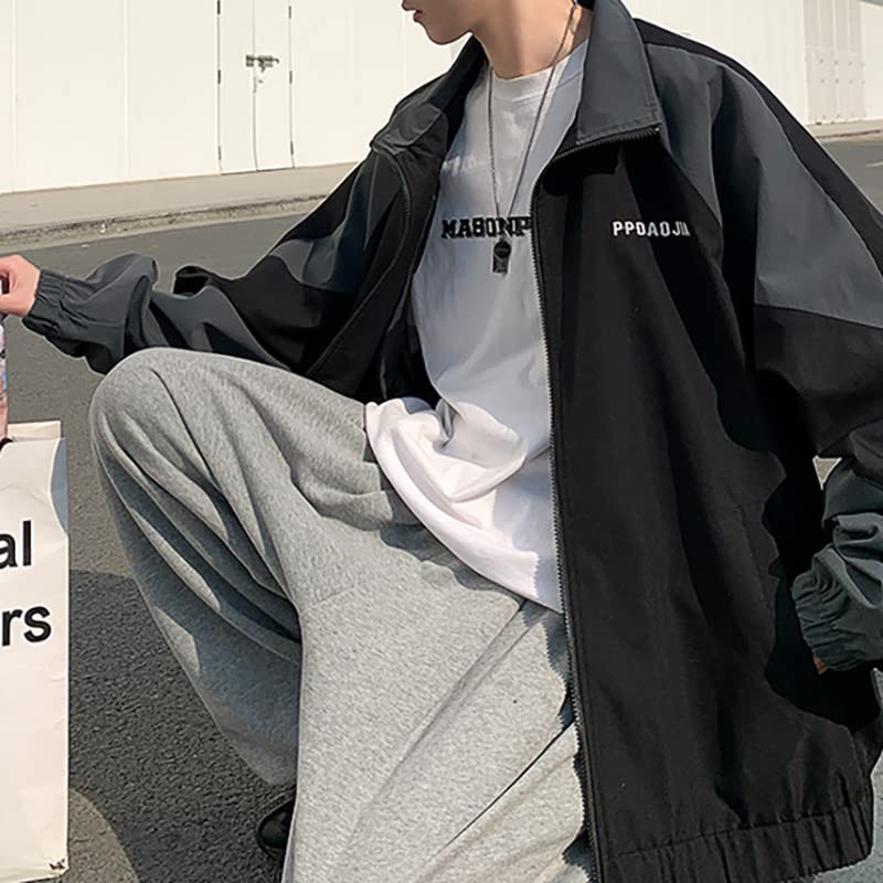 Image of GAI Men's Varsity Jacket Harajuku Vintage Bomber Jackets Techwear Windbreaker Color Block Unisex Coats Korean Streetwear (B Dark,M)
