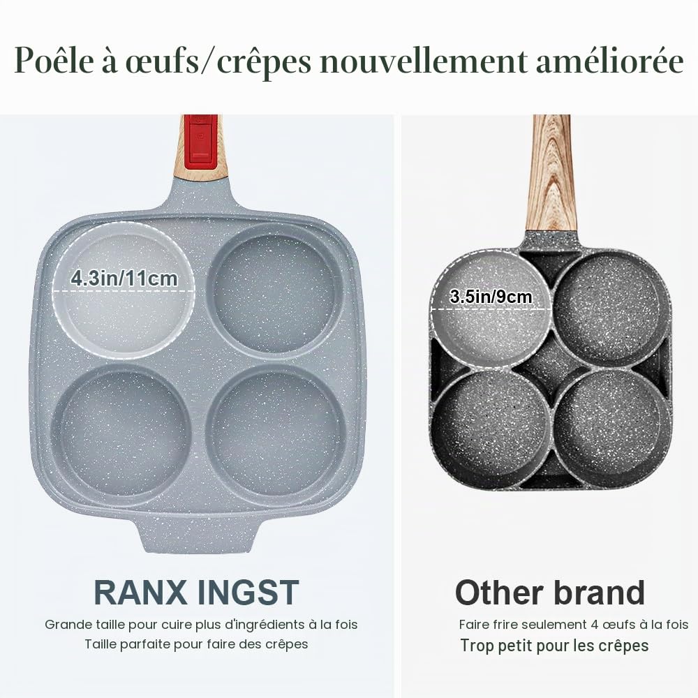 Grande Poêle à Pancakes 4 Cavités en Céramique 26 x 24 cm avec Couvercle | Grande poêle à 4 cavités pour œufs, pancakes et burgers, avec couvercle et revêtement antiadhésif.