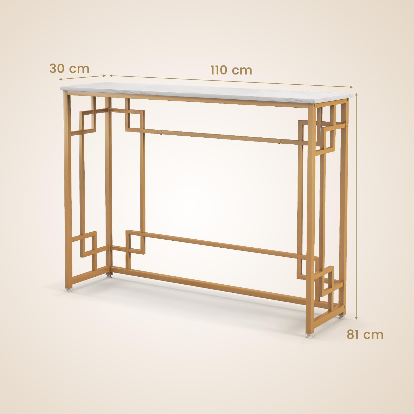 COSTWAY Stolik konsolowy, marmurowy, złoty, wejście, wąski, stolik do przedpokoju z geometryczną metalową ramą, stolik pomocniczy, 110 x 30 x 81 cm, do salonu, przedpokoju, wejścia