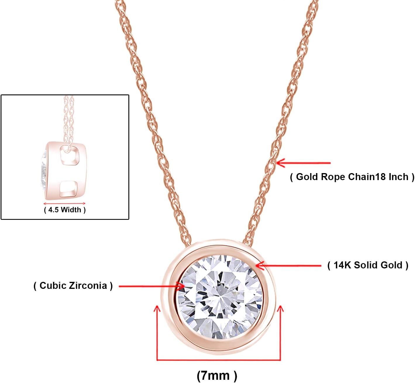 THE JEWEL ZONE 14K Solid Gold Pendant Necklace, Bezel Set 1 Carat Round Cubic Zirconia Solitaire Pendant Necklace For Women With 18" Gold Chain Gift For Her - Image 2