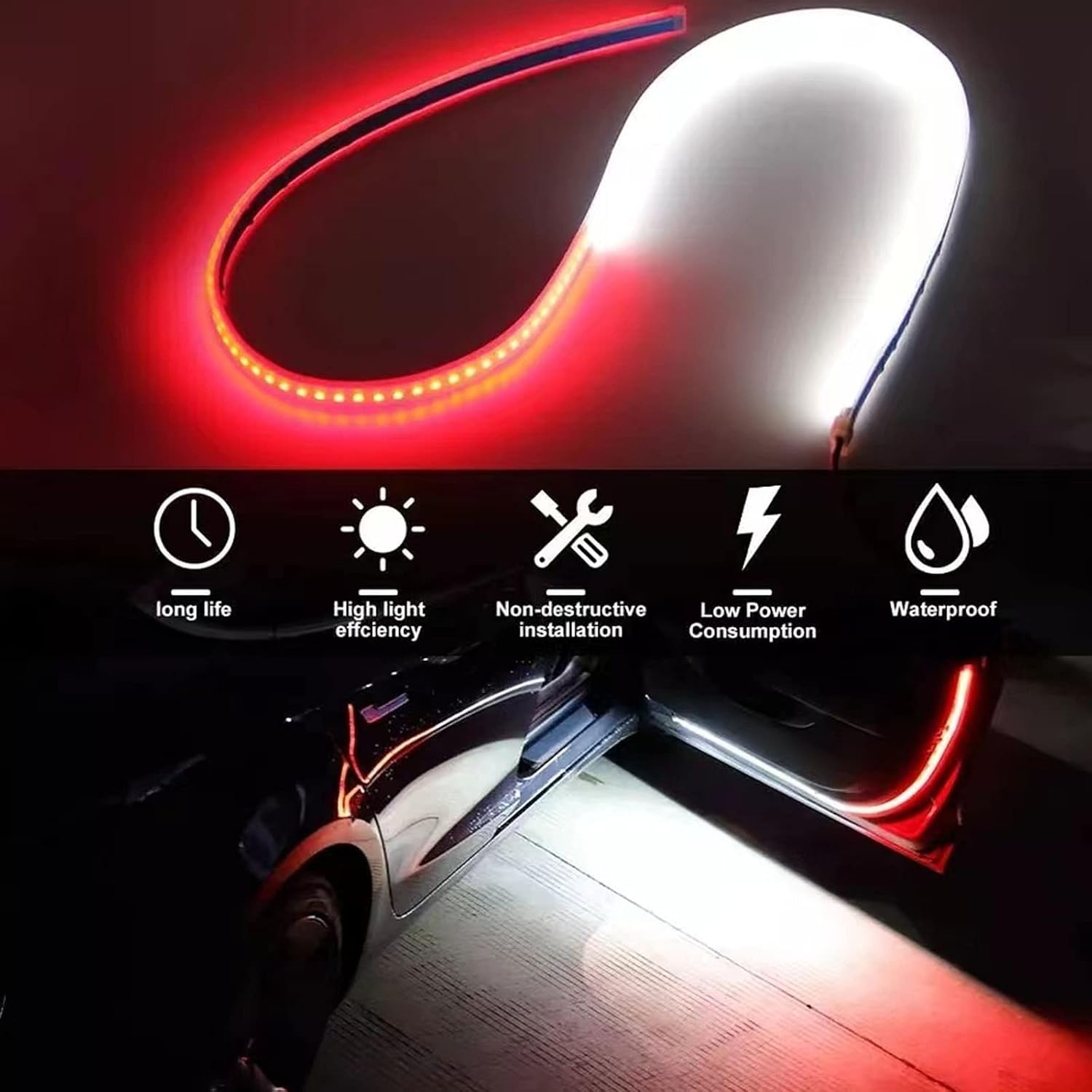 CoCsmart Car Door LED Warning Light, 2 Pcs 48 Inch Flexible Dual Color Strip Light White & Red Sequential Switchback, Safety Light, Strobe Lights for Anti Rear-end Collision