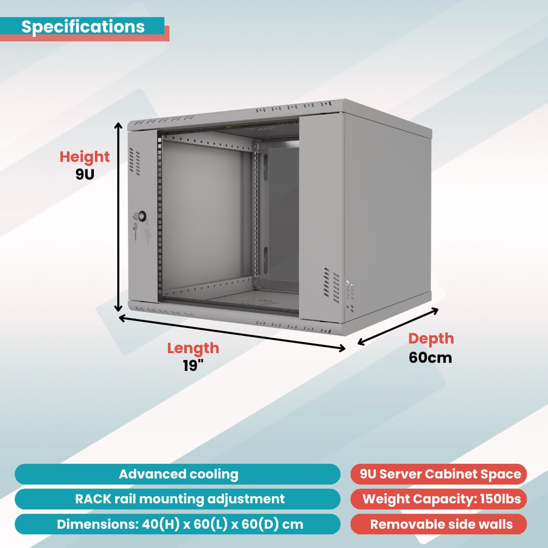 Server Netzwerkschrank 19 Zoll 9U 600mm PRO - Hochbelastbarer Stahl - Computer- & Server-Racks - Serverschrank, kompatibel mit 19 Zoll Fachboden und Rack Schienen