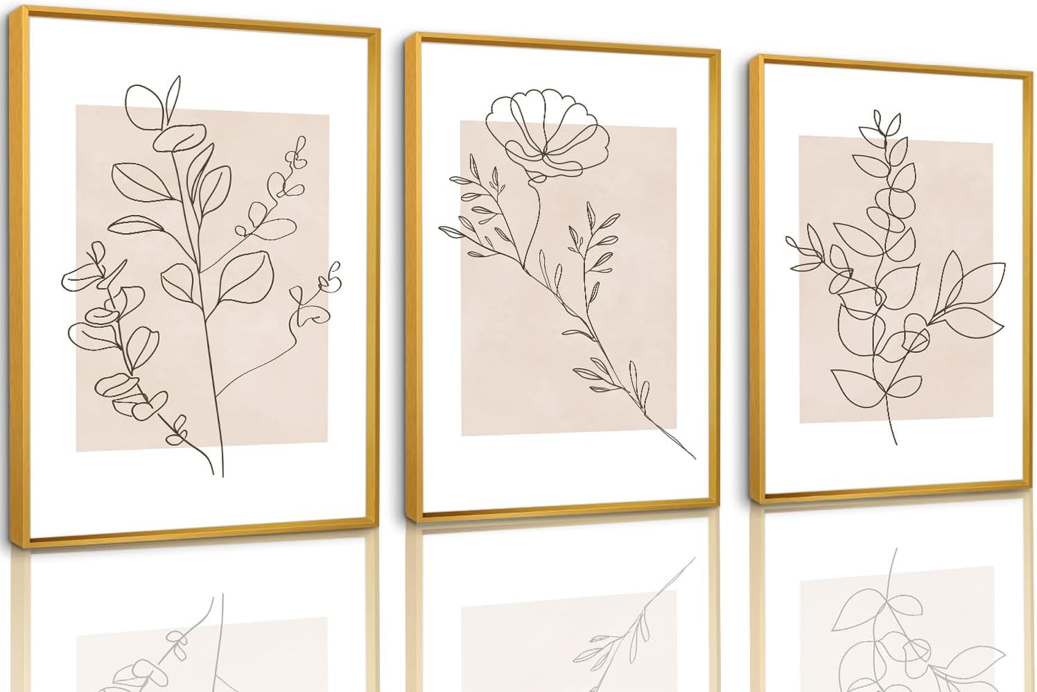 CHDITB Floral Line Framed Canvas Wall Art Set, Minimalist Flower Wall Decor, Neutral Beige Plants Wall Painting, Abstract Botanical Leaf Stripe Art Print for Living Room, Bedroom, Office - 16"x24"x3 Flower 16"L x 24"W