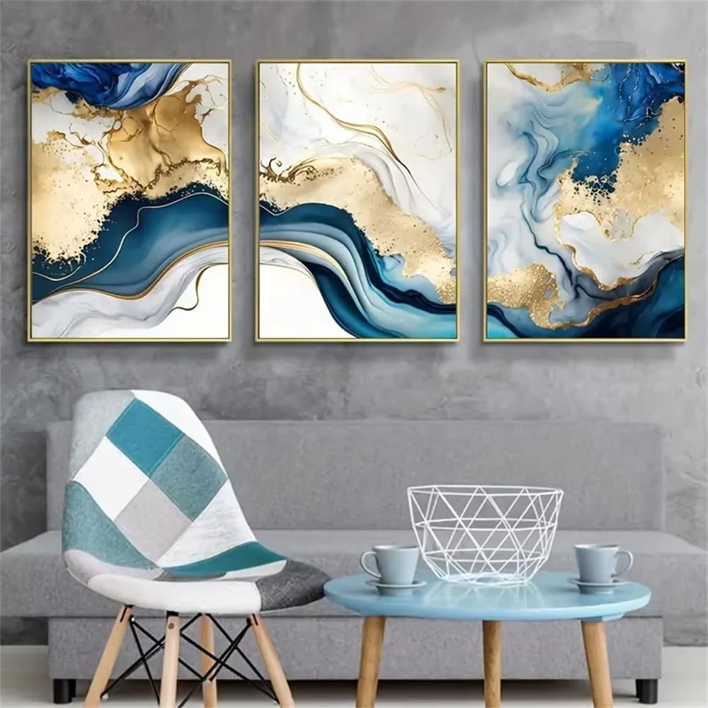 WUHBCZ Canvas Paints-Abstract Canvas Painting Gold Blue Marble Poster Wall Art Posters Nordic Pictures Artwork for Living Office Room Home Decoration-60 * 70cm/3PCS (No Frame)
