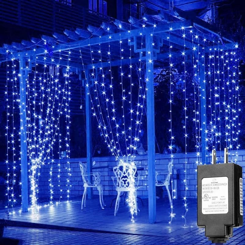 Image of Shimmers Blue Net Curtain Decoration Set - 5 Pcs Kit with 2 Curtains (4x8 ft), Fairy Lights & Hooks, Wedding Backdrop & Home Decor