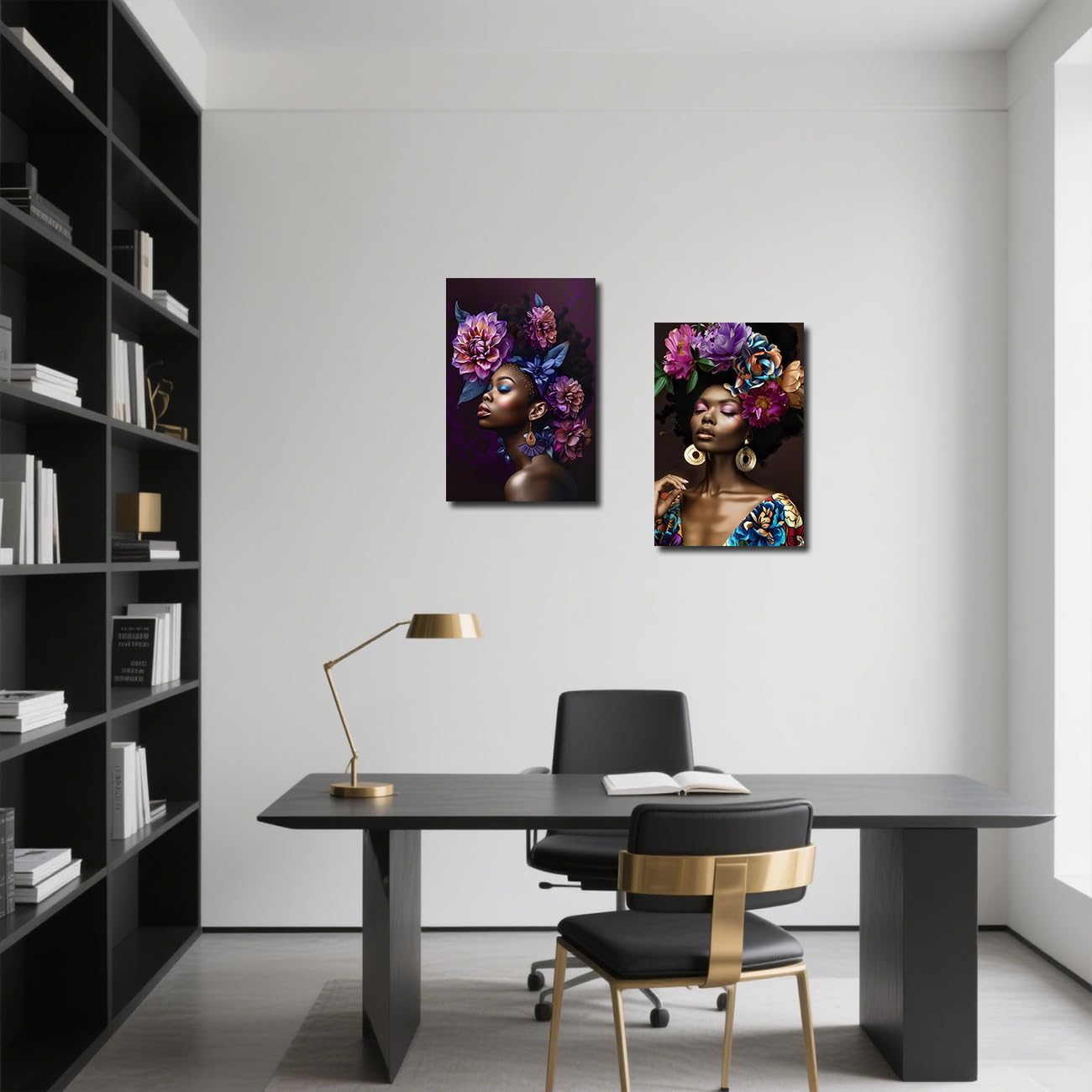 LZIMU Afroamerikanische Bilder 2-teilig Leinwandbilder mit schwarzem Mädchen abstrakte schwarze Frauen Kunstdrucke gerahmte Wohndeko (Orange, 60x90cmx2 Teilig)