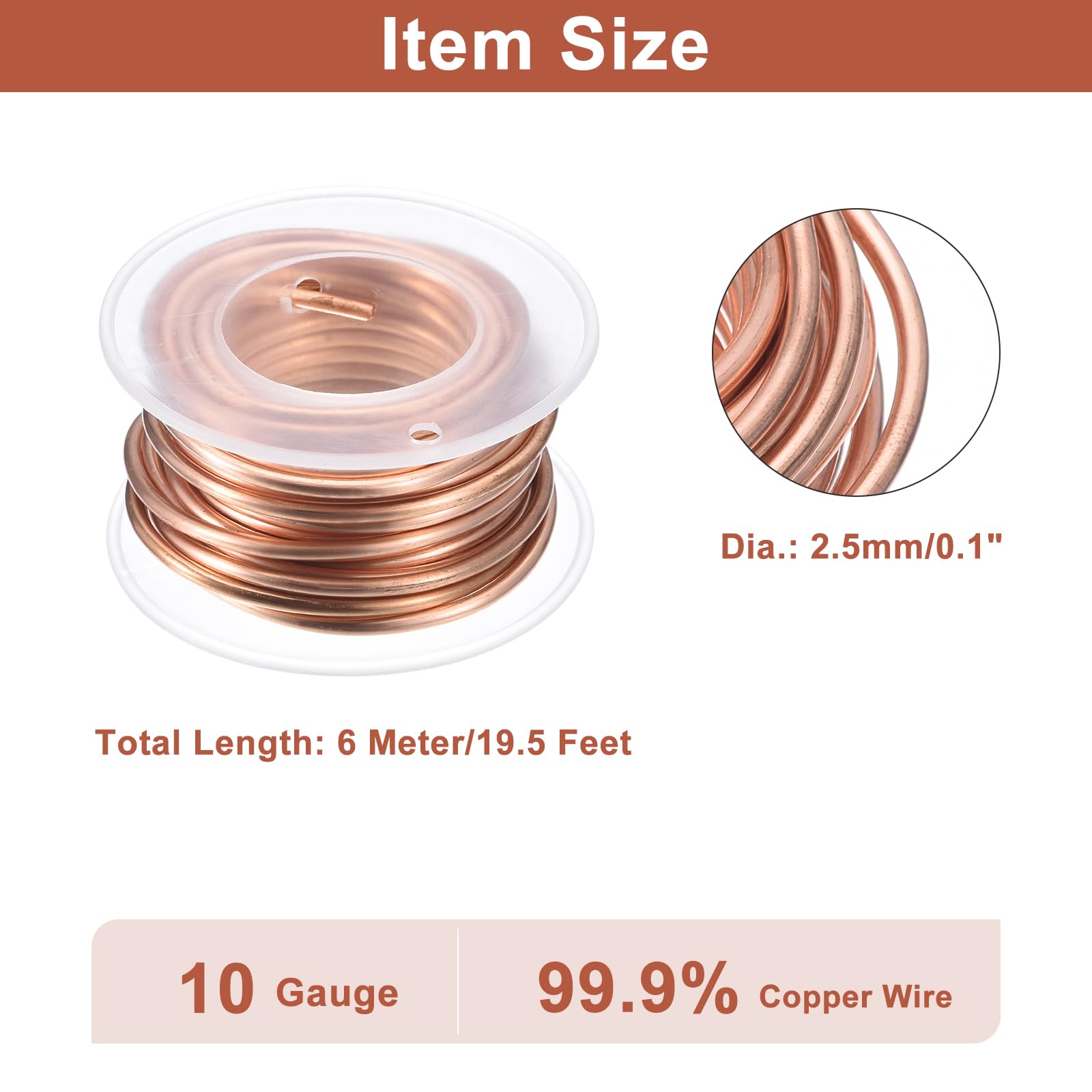 sourcing map Fil de cuivre souple (calibre 10, 5 m), 99,9 % pur fil de cuivre nu 2,5 mm pour loisirs créatifs, jardinage, décoration (6 m)