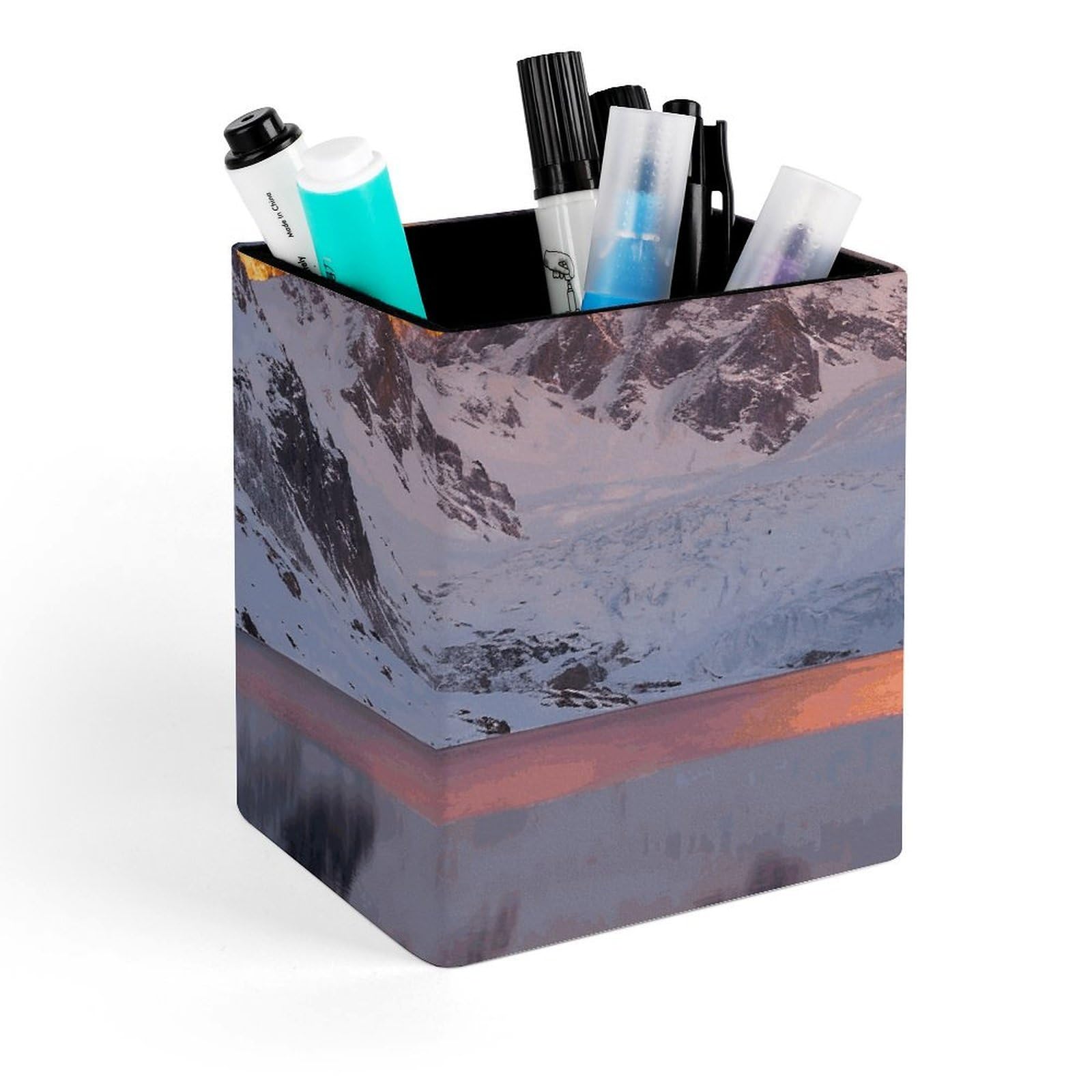 DWVTSLH Aesthetic Pen Holder for Desk - Modern Leather Pencil Holder - Stylish Square Makeup Brush Holder - Snow Mountain Lake View Pen Cup Cute And Functional Desk Organizer for Office Supplies