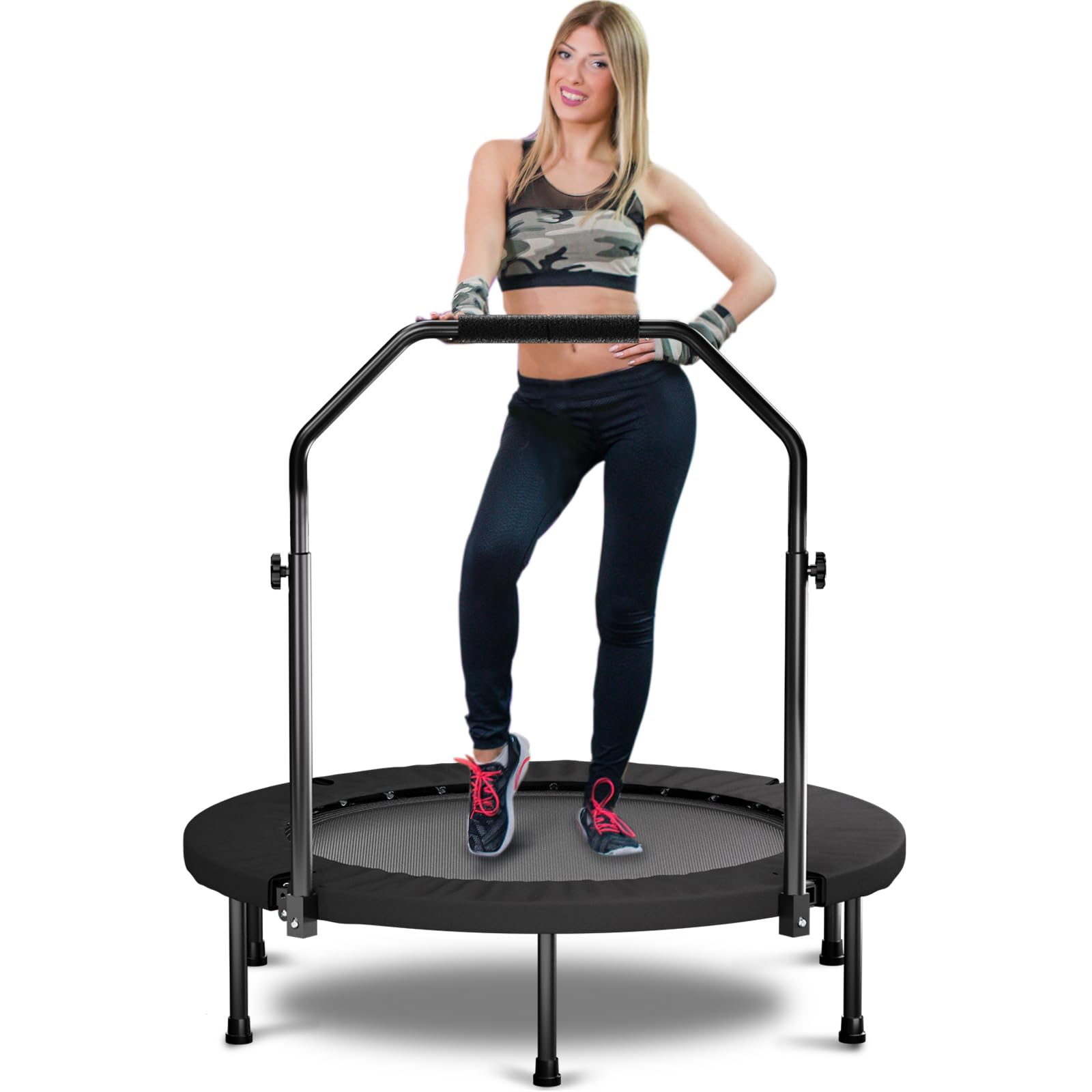 Trampolina fitness, składana, 101 cm, z uchwytem mocującym – mini trampolina dla dorosłych, uchwyt N, 36 sprężyn i 6 nóg – stabilna trampolina do domu i kardio – czarna