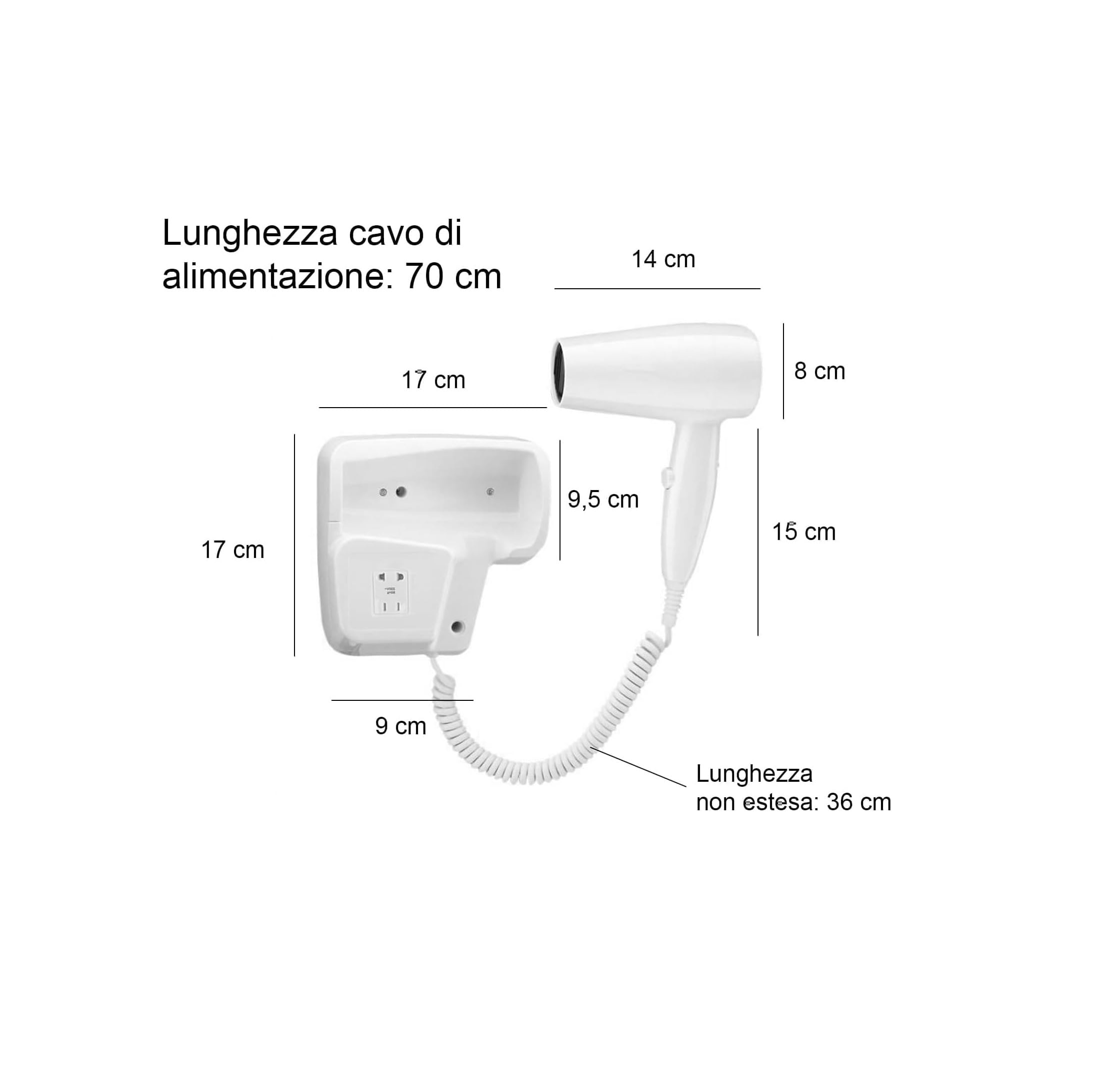 2 x Asciugacapelli Phon Da Parete Muro Per Alberghi, Hotel, Palestra, Bagno, Spogliatoi, B&B Con Presa Elettrica Per Rasoi. Asciuga capelli Da Albergo. Phono Fono Capelli Hair Style