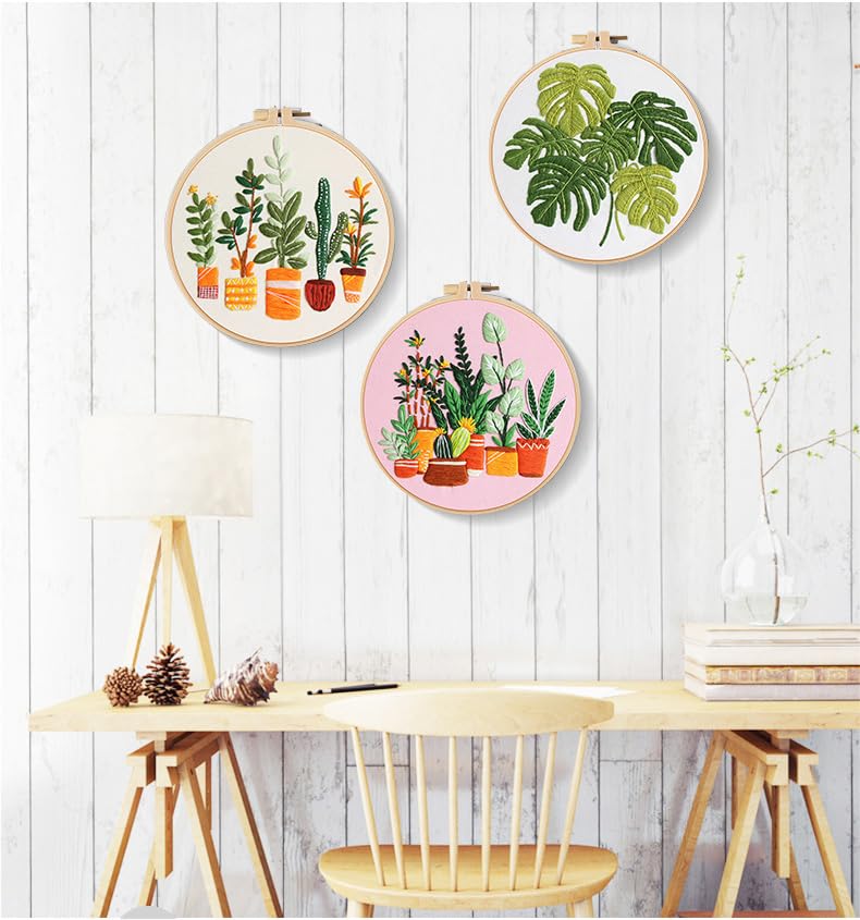 Image of Konrisa Embroidery Kits for Adults Beginner, European Style Garden Plant Green Leaf Stamped Embroidery Starter Kit,DIY Sewing Practice, Needlepoint Cross Stitch Kit,Set of 3
