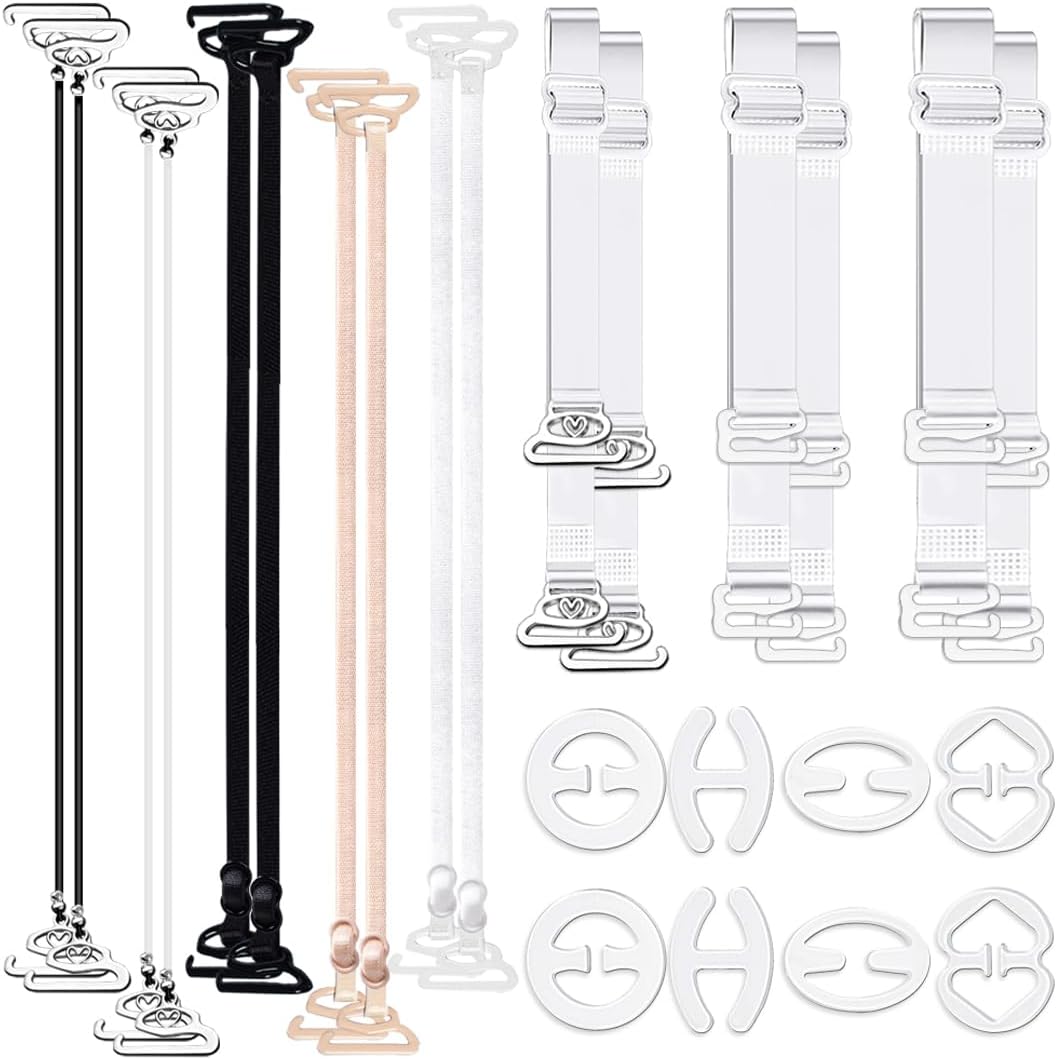24 Pieces Clear Bra Straps, Invisible Adjustable Bra Strap Non-Slip Bra Replacement Shoulder Straps, 8 Pieces Clear Bra Strap Clips+16 Pieces Bra Straps