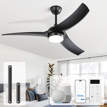 Sofucor 52 Inch Smart Modern Ceiling Fan with Light, Black 3 ABS Blades