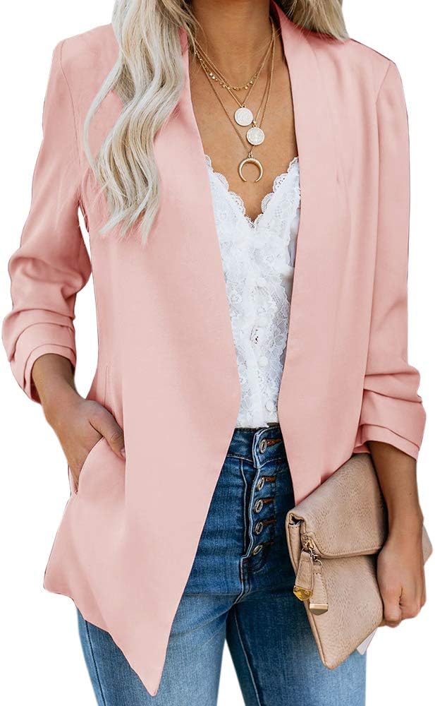 Womens Casual Blazer Ruched 3/4 Sleeve Open Front Relax Fit Office Lightweight Cardigan Jacket Blazers Coats
