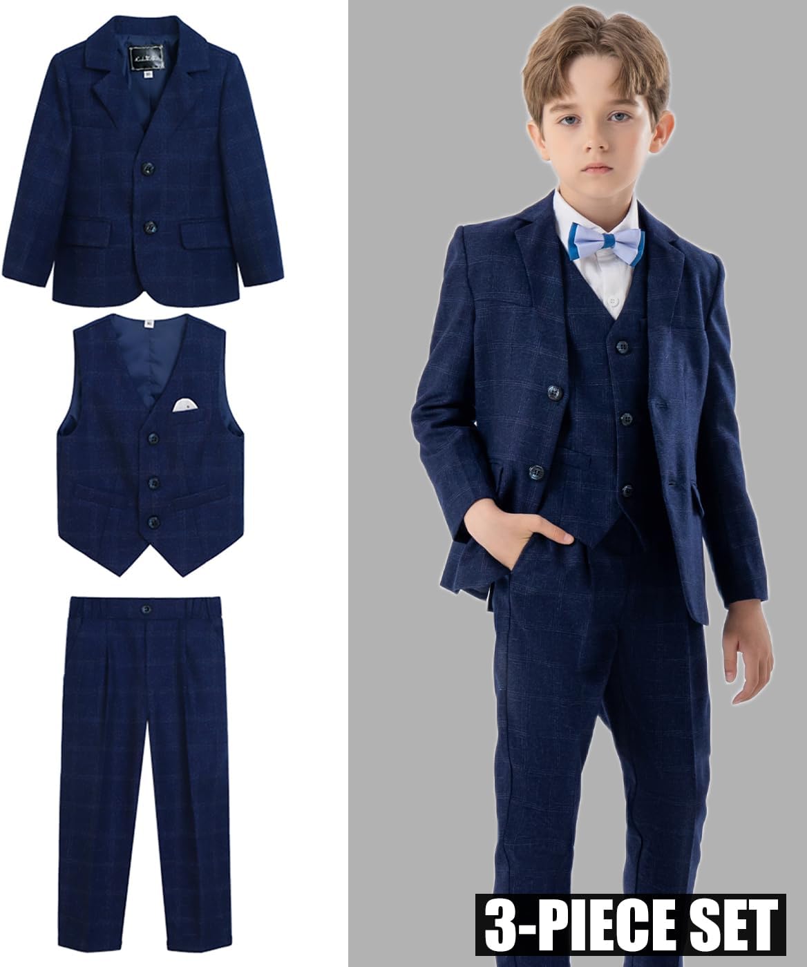 Boys Suit 3 Piece Tuxedo Formal Plaid Slim Fit Blazer Jacket Vest Dress Pants Toddler Outfits for Performances Kids Costume