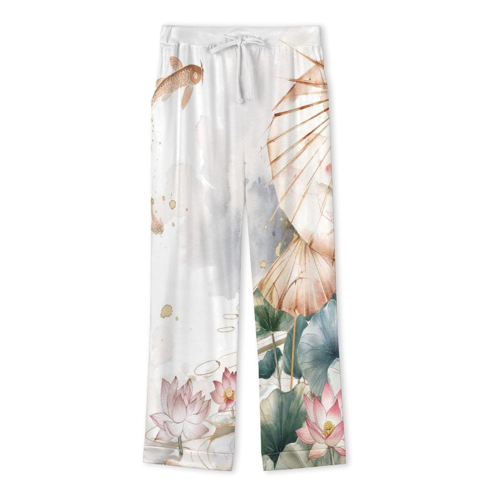 OLEETS Completo Pigiama da Uomo 2 Pezzi - Fiori E Foglie di Loto Rosa Top E Pantaloni in 2 Pezzi Pigiama Casual E Ampio A Maniche Lunghe Morbido Autunnale E Invernale.