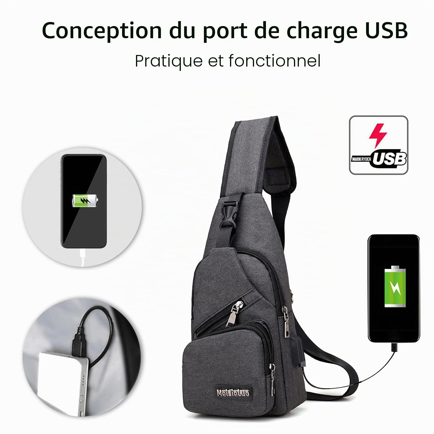 FANDARE Sac de Poitrine Unisexe Sac d'Epaule Sacoche Homme Femme avec USB Sac Bandoulière Imperméable Sling Bag pour Cyclisme,Aventure,Camping,Équitation,Chasse,Randonnée,Voyage Gris Noir