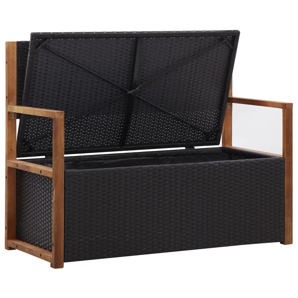 Hommdiy Akazienholz Massiv Bank mit Stauraum Sitzbank Gartenbank Gartentruhe Truhenbank Kissentruhe Kissenbox Auflagenbox 110cm Poly Rattan Schwarz/Grau (Schwarz)
