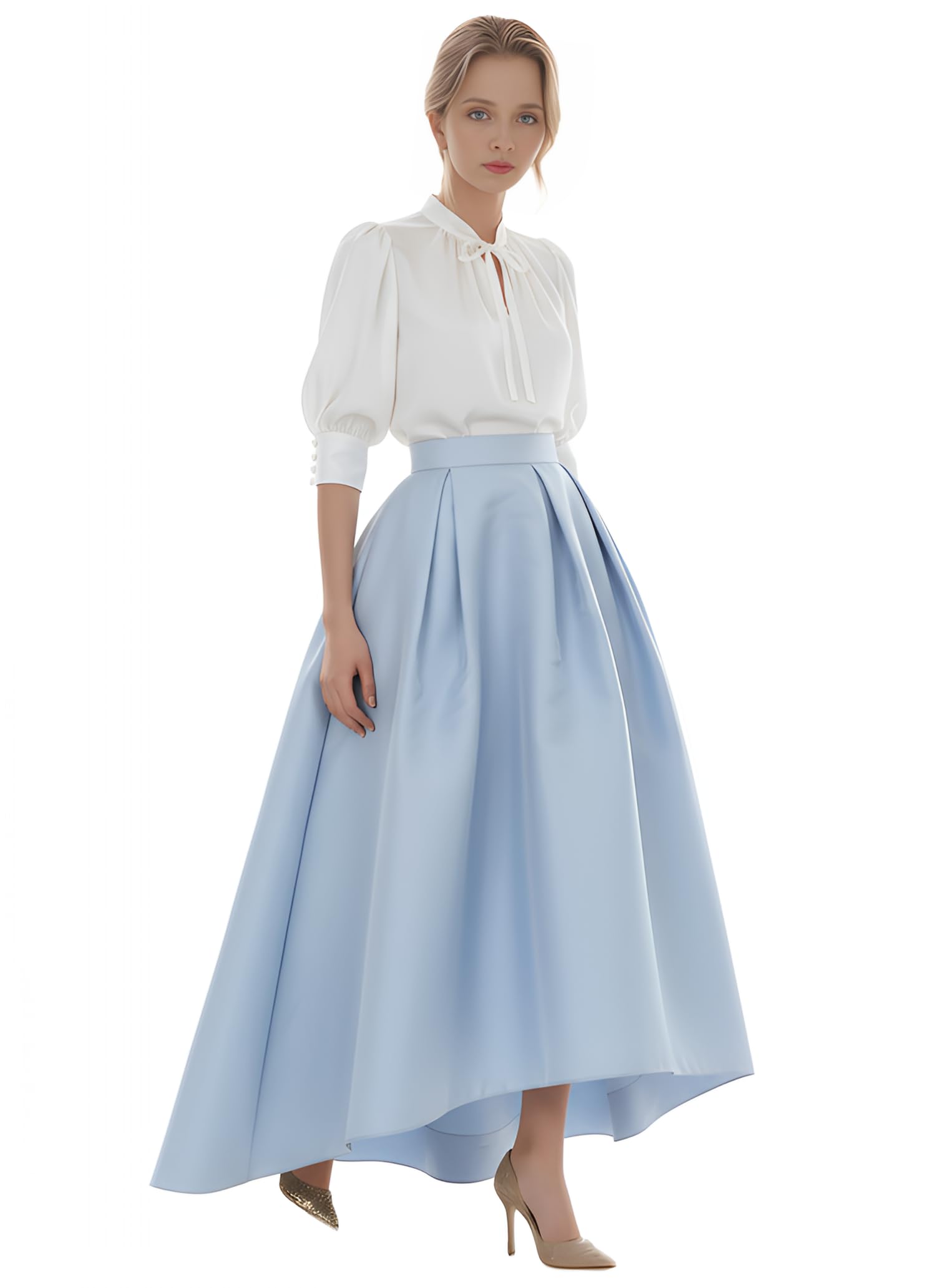 Womens Front Short Back Long Taffeta Skirt A-Line Pleated Taffeta Skirts with Pockets