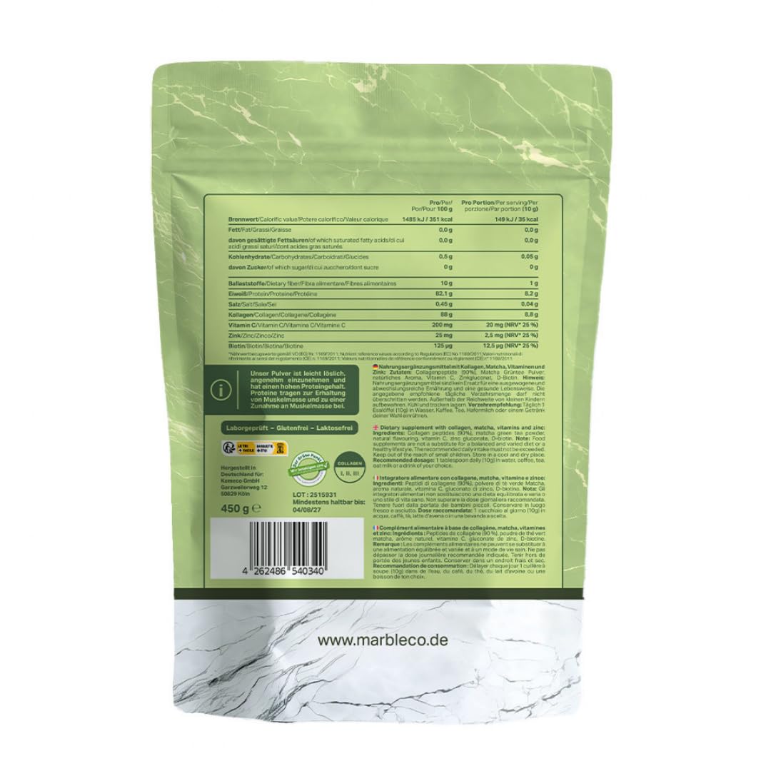 marble Collagene Polvere PRO 450 g – Collagene Polvere più Vitamina C, Zinco & Biotina – Collagene Peptide Skin Glow – 60 giorni senza rischi – Da salice con perfetta solubilità – Matcha