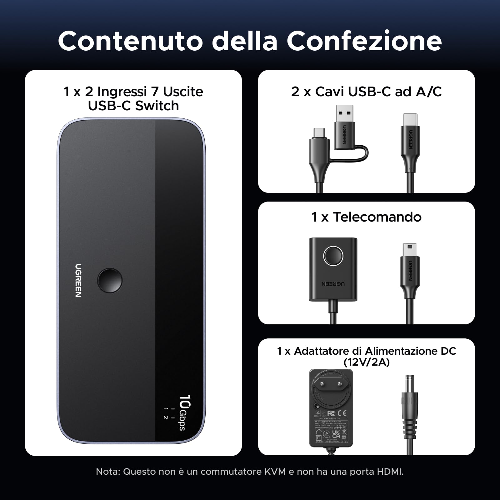 UGREEN Switch USB C 3.2 10 Gbps 2 in 7 Out Commutatore KVM | Condividono 7 USB, 4A3C, per Tastiera, Mouse, Disco Rigido, Stampante, Scanner, Microfono, con Alimentatore DC 12 V
