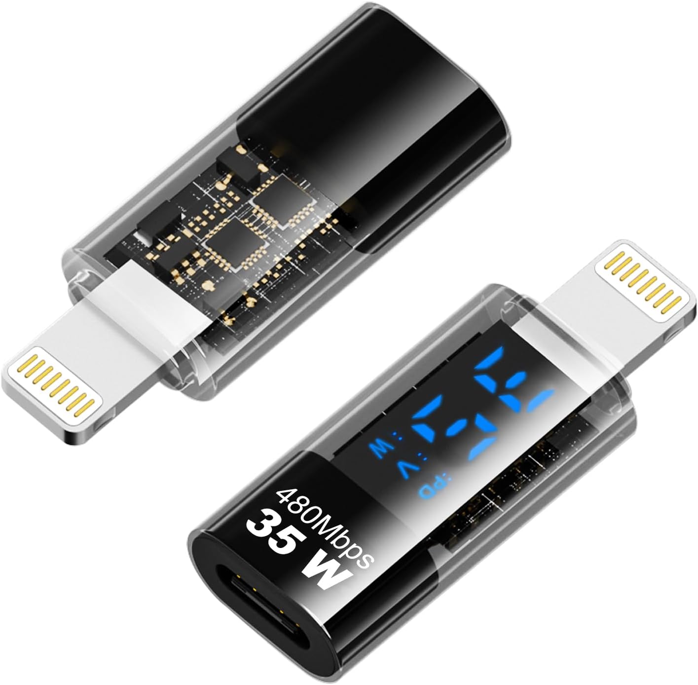 AreMe 2 Pack USB-C Adapter with LED Display, PD 35W USB Type C Female to Lightning Male Connector for iPhone/iPad/iPod, Support Voltage and Power Smart Display (Transparent)