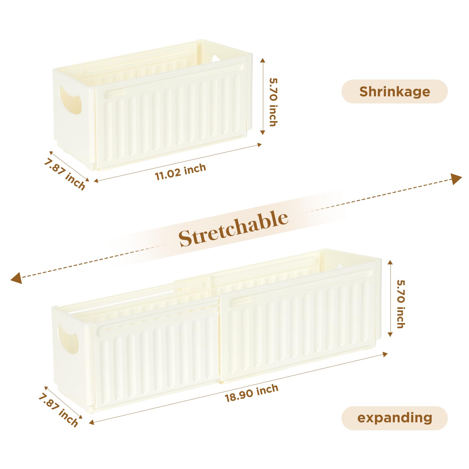 HNZIGE Drawer Organizers Plastic Baskets For Organizing - 3 Pack Largestackable Storage Bins With Handles,Retractable Plastic Dresser Drawer Organizer Bins For Clothes Kitchen, Fridge, Pantry, Cream