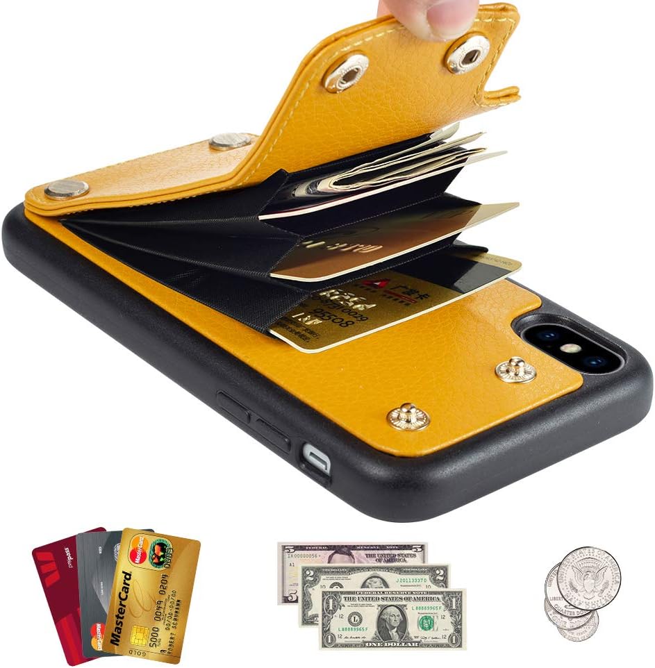 LAMEEKU iPhone X Wallet Case, iPhone Xs Case Wallet, Case for iPhone X with Card Holder Slots, Leather Cover Money Pocket Purse Protective Bumper Phone Case for Apple iPhone Xs/iPhone X 5.8"-Yellow