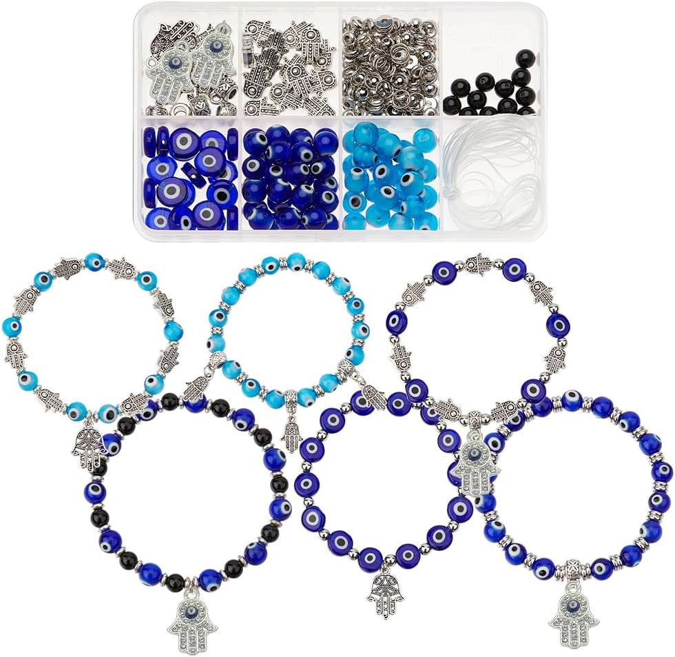 SUNNYCLUE 1 Box 240Pcs 6 String Evil Eye Bracelets Making Kit 8mm/10mm Evil Eye Beads Bulk Lampwork Glass Beads Blue Hamsa Hand Charms for Jewelry Making Kits Women Adults DIY Bracelets Crafts