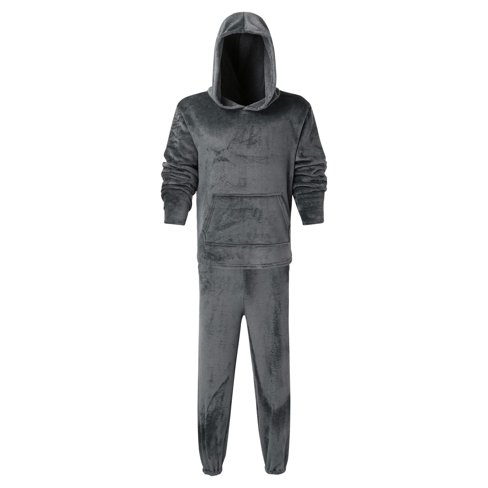 Herren Freizeit Soft Basic Schlafanzug Set Langarm Fleece Warm Kapuzen Pyjama Hose Oberteil Zweiteiler