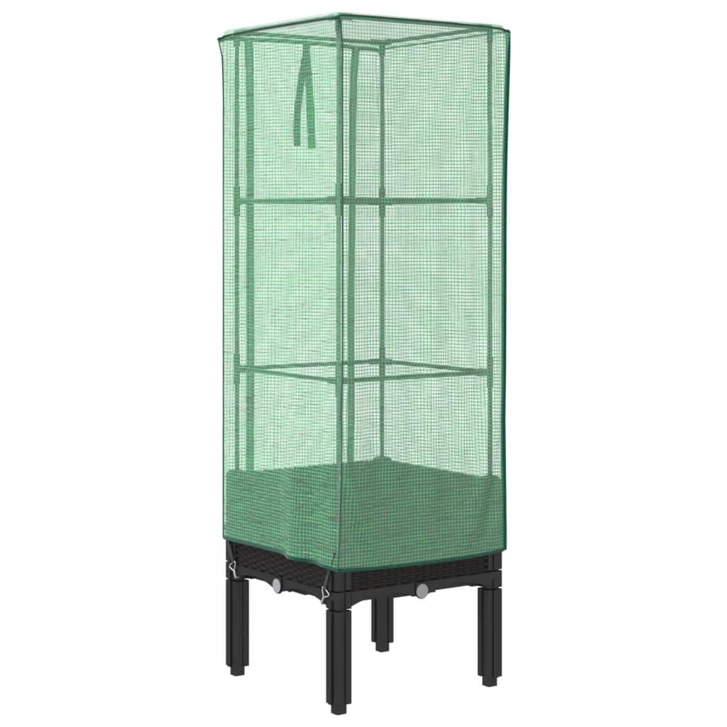Bancal alto con accesorio para invernadero, aspecto de ratán, 40 x 40 x 140 cm, marco de hierro resistente y cubierta de polietileno, diseño moderno para balcón, jardín, terraza, hierbas