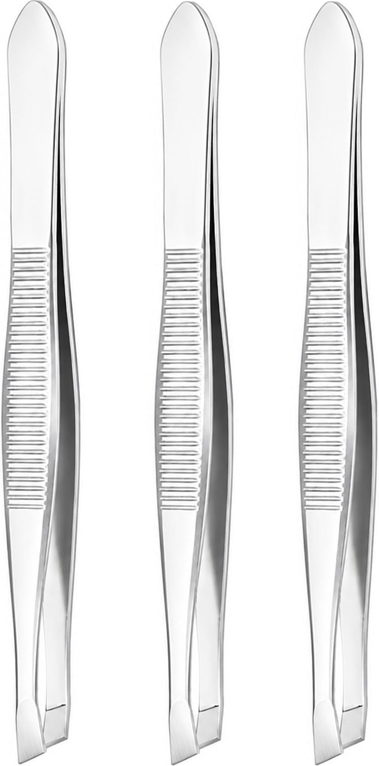 Precision Slant Tip Tweezers Set (3 Pack) โ Stainless Steel Eyebrow Tweezers for Facial Hair, Ingrown Hair & Fine Hair Removal, Professional Beauty Grooming Tool