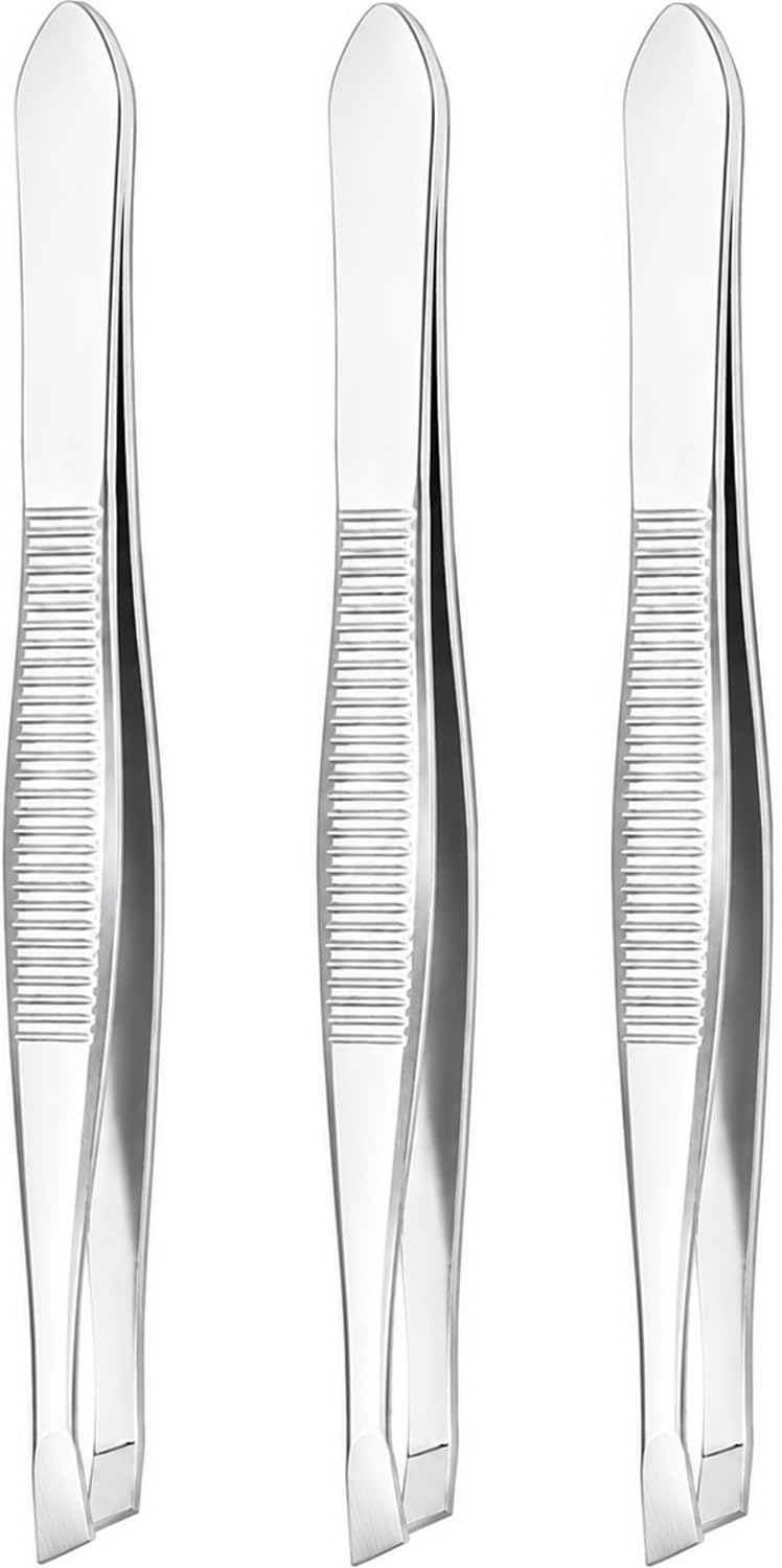 Precision Slant Tip Tweezers Set (3 Pack) – Stainless Steel Eyebrow Tweezers for Facial Hair, Ingrown Hair & Fine Hair Removal, Professional Beauty Grooming Tool