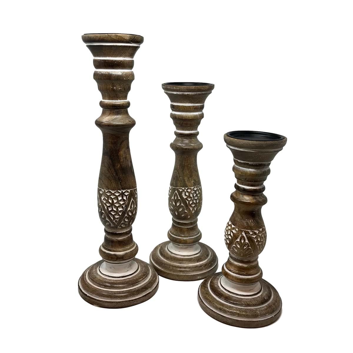 Leafy Frond Carved Candle Holders - Set of 3