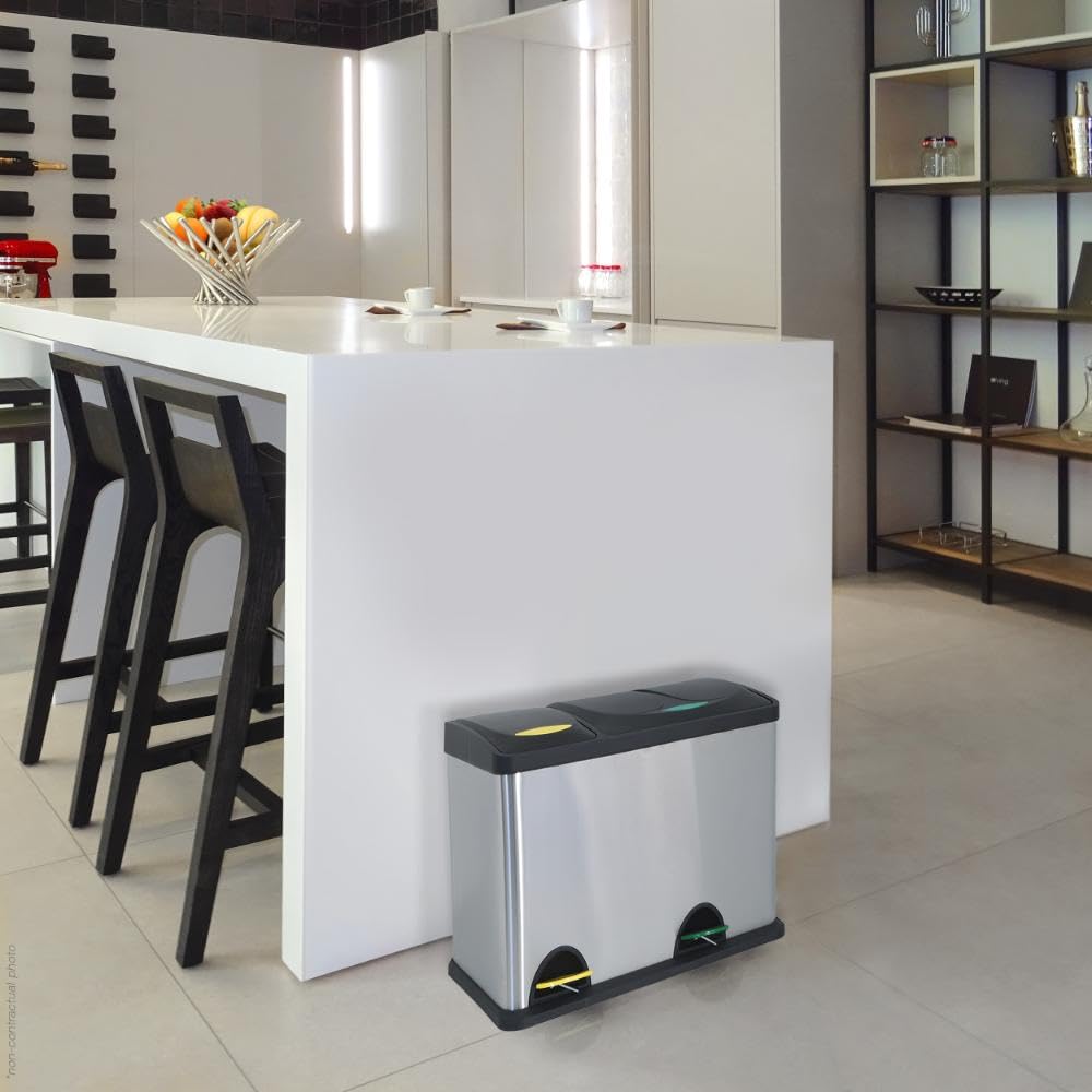 MSV Mülleimer Mülltrennsystem 26 L (8 Liter + 18 Liter) mit Inneneimer große Abfallbehälter Abfalleimer Treteimer Edelstahl, Silber/Grau