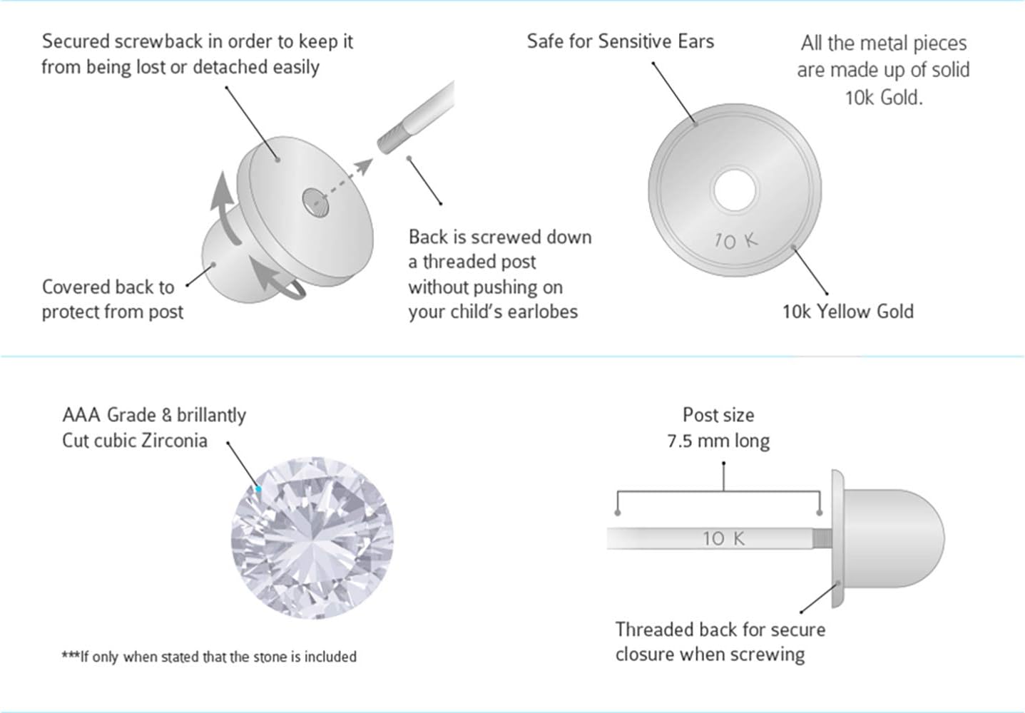 10k White Gold Basket Round CZ Cubic Zirconia Solitaire Children Stud Screwback Baby Girls Earrings