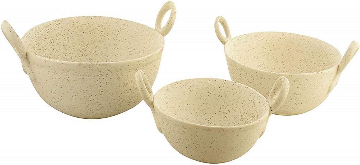 WOODENCLAVE Ceramic Handmade Serving Sauce Kadhai Set with Handle Serveware for Modern Kitchens Home - (Set of 3, Beige)