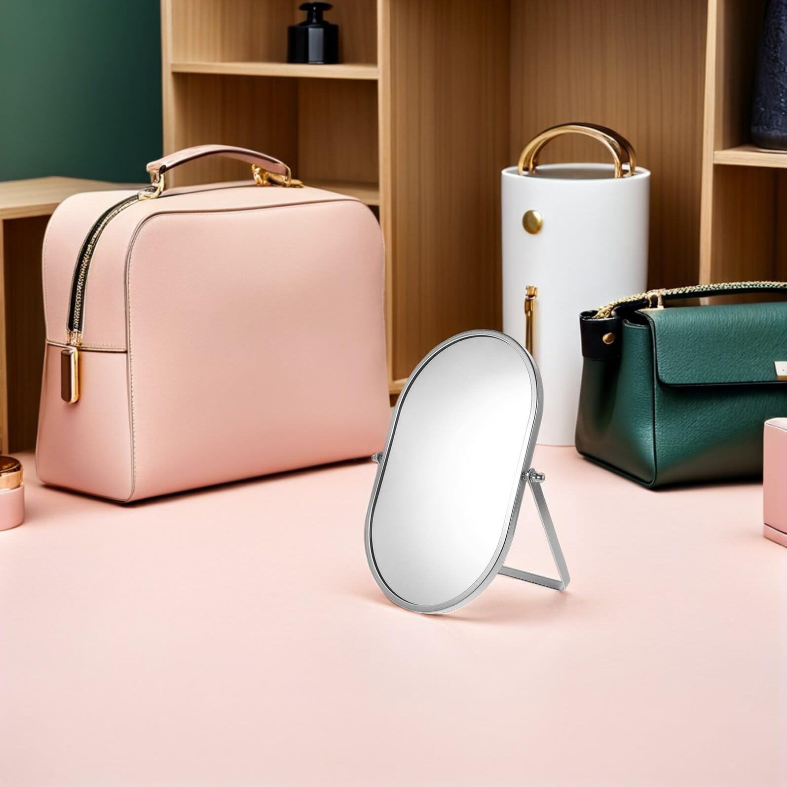 Espejo de Maquillaje Plegable de Escritorio Plateado Grande, Espejo Portátil para Tocador y Dormitorio Base Estable y Ángulo Ajustable, Adecuado para Viaje y Cuidado Personal