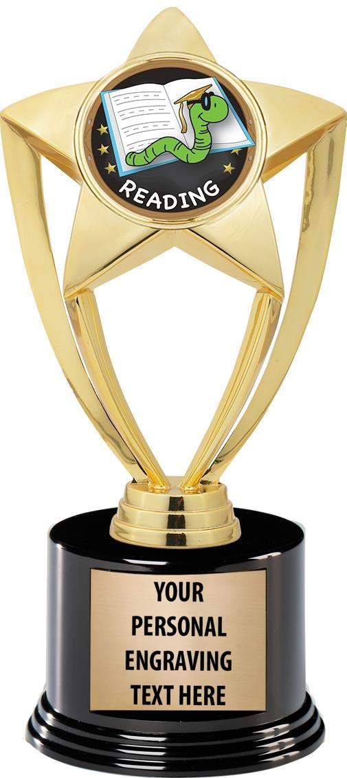Crown Awards Reading Trophies with Custom Engraving, 7.25" Personalized Reading Bookworm Trophy On Deluxe Round Base Prime