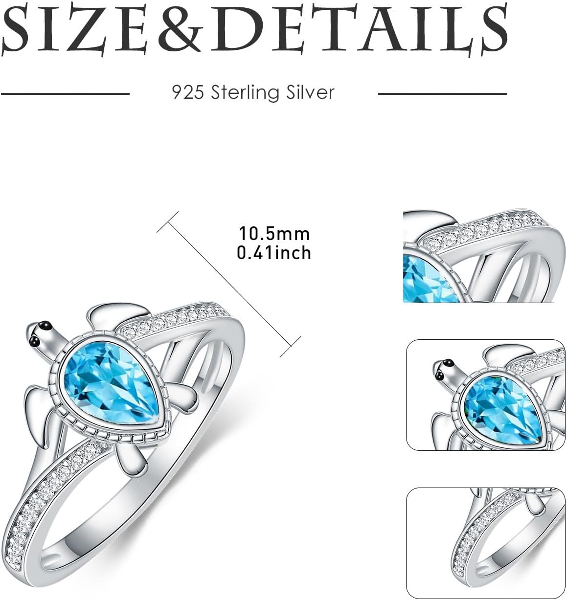 Sea Turtle Ring for Women 925 Sterling Silver Pear Shaped Birthstone Ocean Statement Ring for Ladies - Image 3