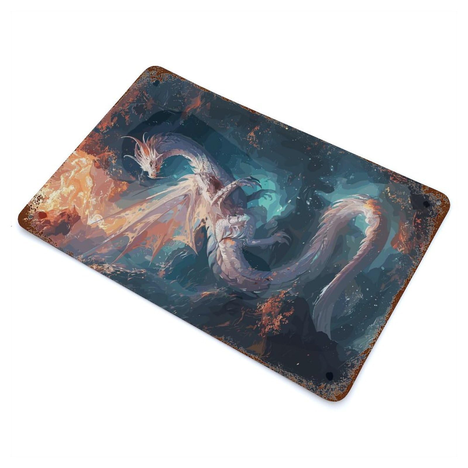 Fantasy Beast White Dragon Distressed Metal Wall Sign 11.8"x7.9", for Farmhouse, Kitchen And Entryway Decor, Rustic Home Decor
