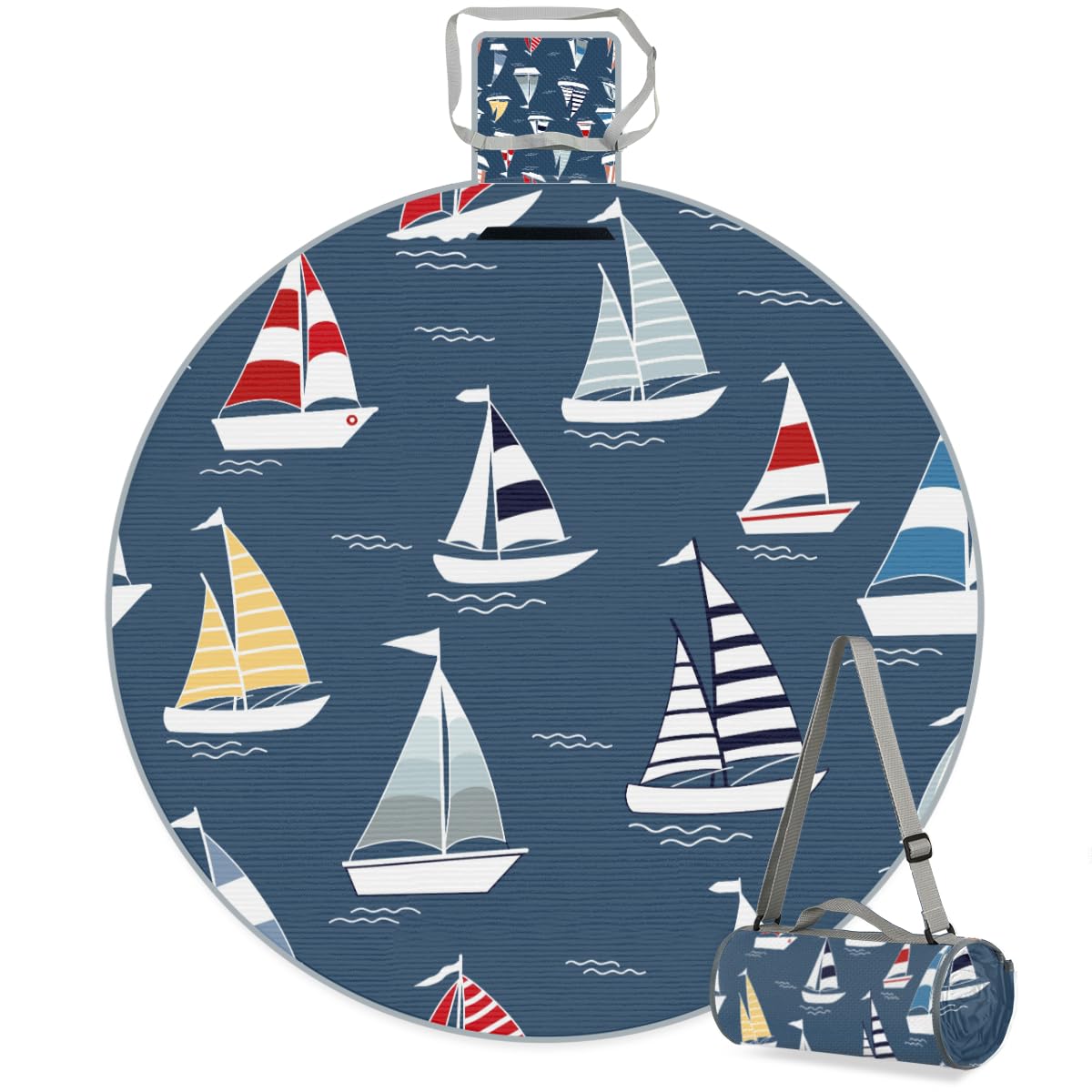 Colorful Sailboats Picnic Outdoor Blanket Foldable Waterproof Sandproof Beach Blanket Portable Water-Resistant Round Picnic Mat for Travel Camping Park Lawn