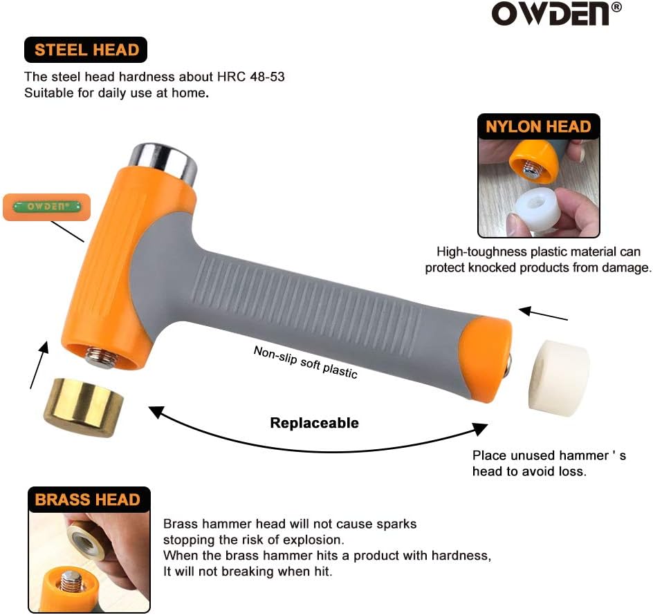 OWDEN Professional Jewelry metal stamps hammer with 2 replace hammer heads No-Rebound steel bench block set Jewelry stamping working tools Metal letter punch for brass aluminium copper leather marks.