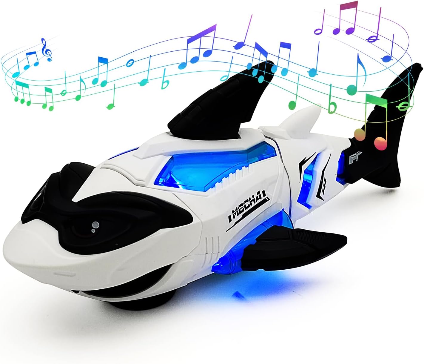 Tipmant Cute Electric Fish Toy Electronic Shark Animal Vehicle Car Automatic Driving, Playing Music, Led Lights, Baby Toddler Kids Birthday Gifts (White)