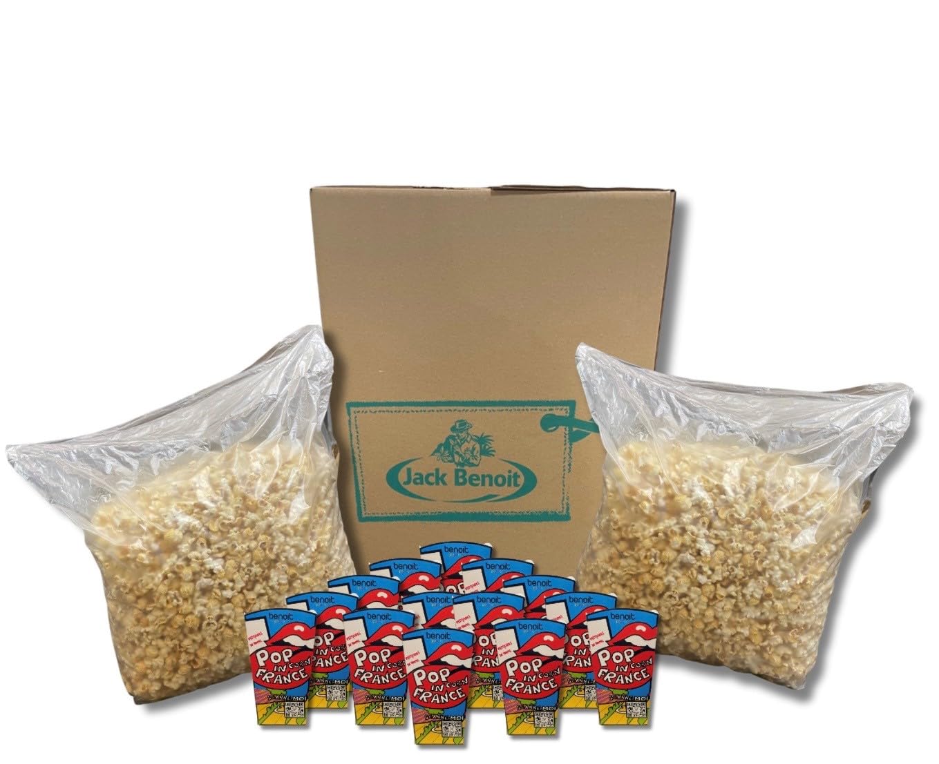 Pack Pop Corn Événement Pro – 2 Sachets 35L Pop Corn Sucré BENOIT + 50 Gobelets 125cl – Pour 50 Personnes – Idéal Écoles, CE, Campings & Petits Événements