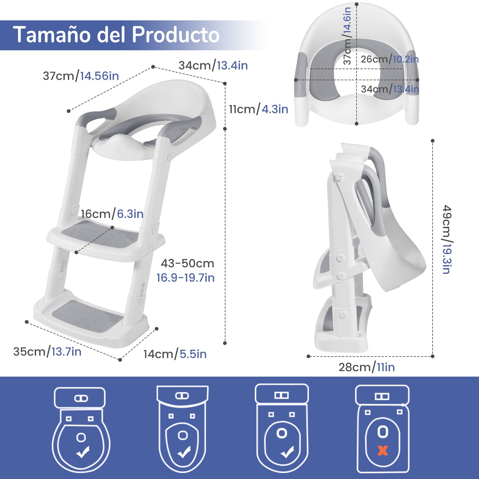 DEANIC Adaptador WC Niños Con Escalera, Reductor WC Niños De 2 a 8 Años, Orinal Portatil Niños Plegable con Reposabrazosy/PU Almohadillas Bebe (Gris)