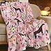 Horse Blanket Gifts for Girls Women Western Horses Flowers Print Fleece Flannel Throw Blankets Soft Lightweight Animal Plush Stuffed Pink Throws for Kids Adults Bed Sofa Decor 50